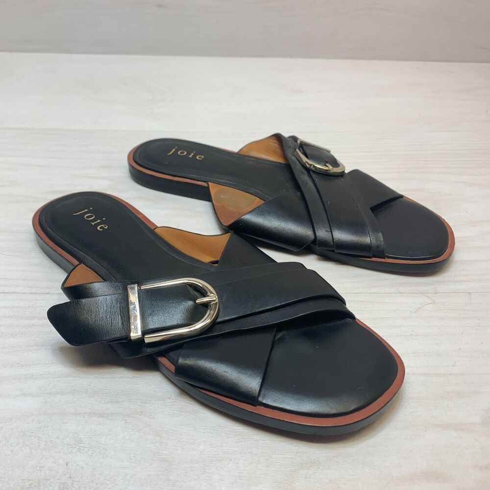 Joie Panther Vero Cuoio Flat Slide Sandals Womens Size 37.5 Black Leather Buckle